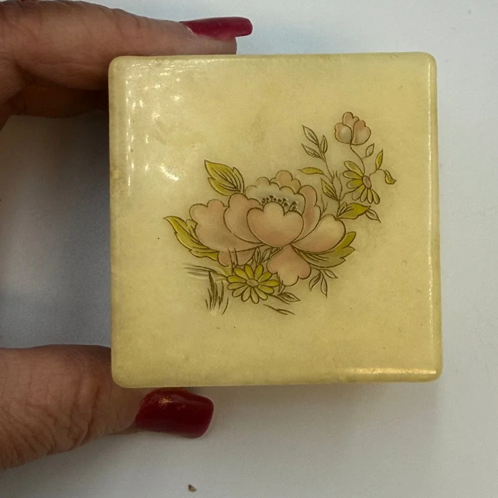Vintage Lefton Italian Alabaster Trinket Box Lot of 2 Floral Hinged Stone Italy